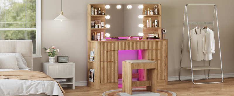 51.8" Fluted Vanitys Desk Set, Large Makeup Table With 360 Color RGB Glass Top, Vanity Desk With 7 Drawers & Power Outlets_voghion.com