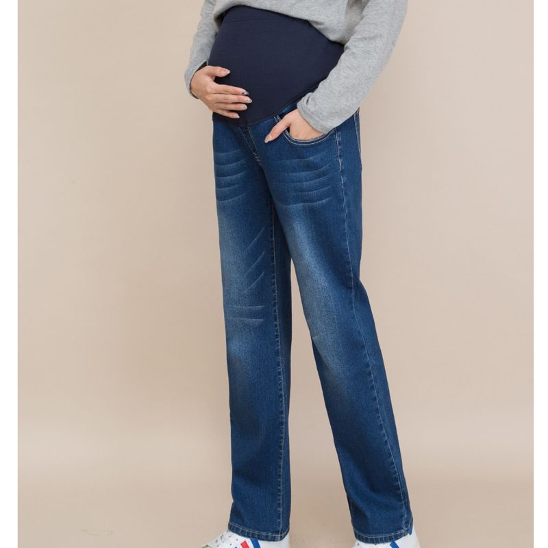 Jean de grossesse à jambes droites - Pantalon en coton stretch pour femme enceinte (Bleu classique, M-XXL)_voghion.com