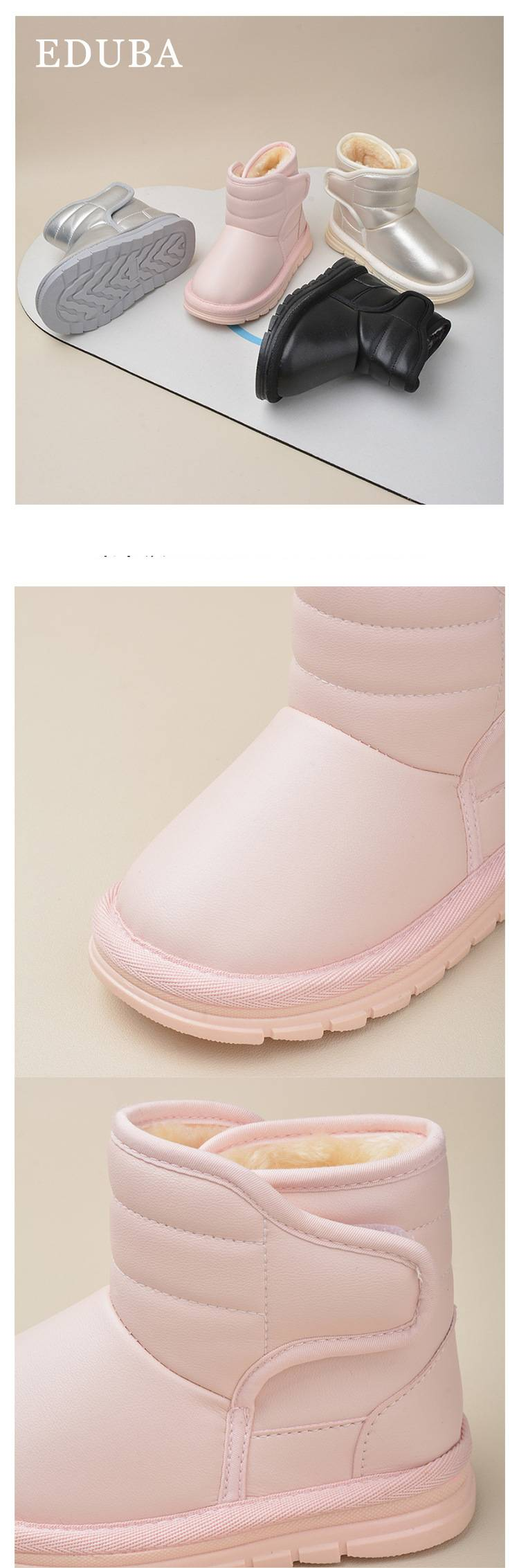 Mother & Kids Winter Snow Boots With Faux Fur Lining, Warm PU Leather Waterproof Shoes For Boys & Girls, Non-Slip Sole, Comfortable Casual Booties_voghion.com