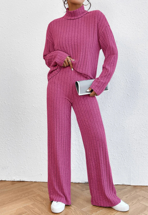 Zweiteiliges Set aus gestricktem Langarmoberteil für Damen mit hohem Kragen und lockerer Hose_voghion.com