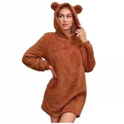 Vêtements pour femmes, oreilles de chat, capuche, ample, double face, peluche, manches longues, jupe mi-longue, veste pour femmes_voghion.com