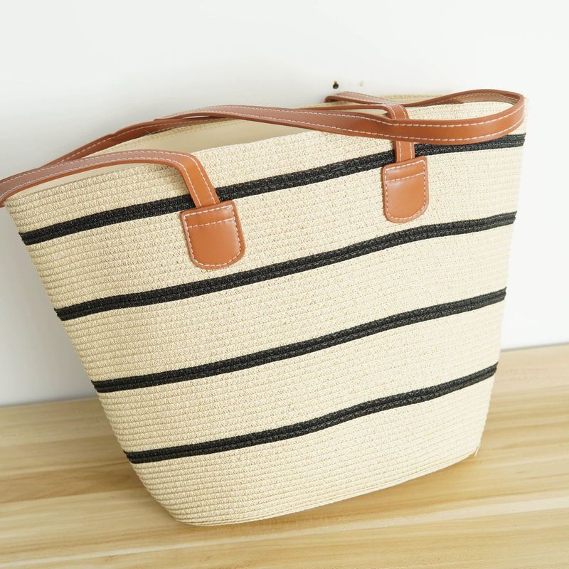 Borsa da spiaggia in rattan intrecciato, nuova, versatile, casual, da donna, a tracolla singola, a righe, in paglia, estiva, grande capacità_voghion.com