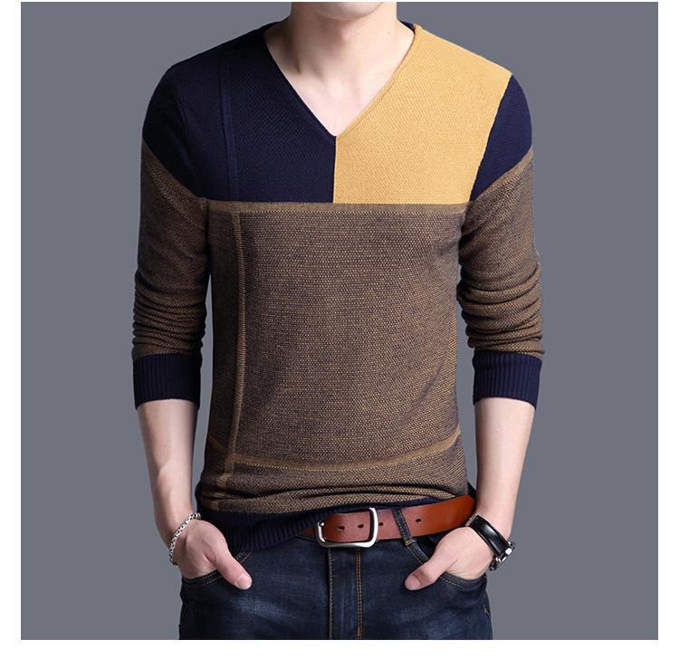 Autumn knitted fashionable and casual V-neck color matching pullover, middle-aged base sweater, men's_voghion.com
