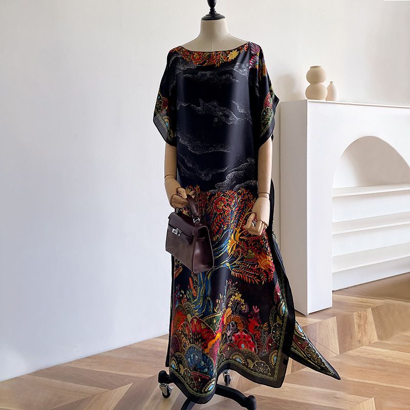 Sommer neues lockeres langes Kleid, schlicht und lang, Brokat, Sonnenschutztemperament, Seidenschal, Strandurlaubsstil, Reisen_voghion.com