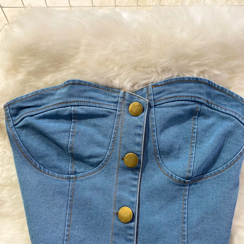 Conjunto de moda para mujer, estilo coreano, chaleco vaquero sin tirantes, de dos piezas, cintura alta, adelgazante, falda acampanada_voghion.com