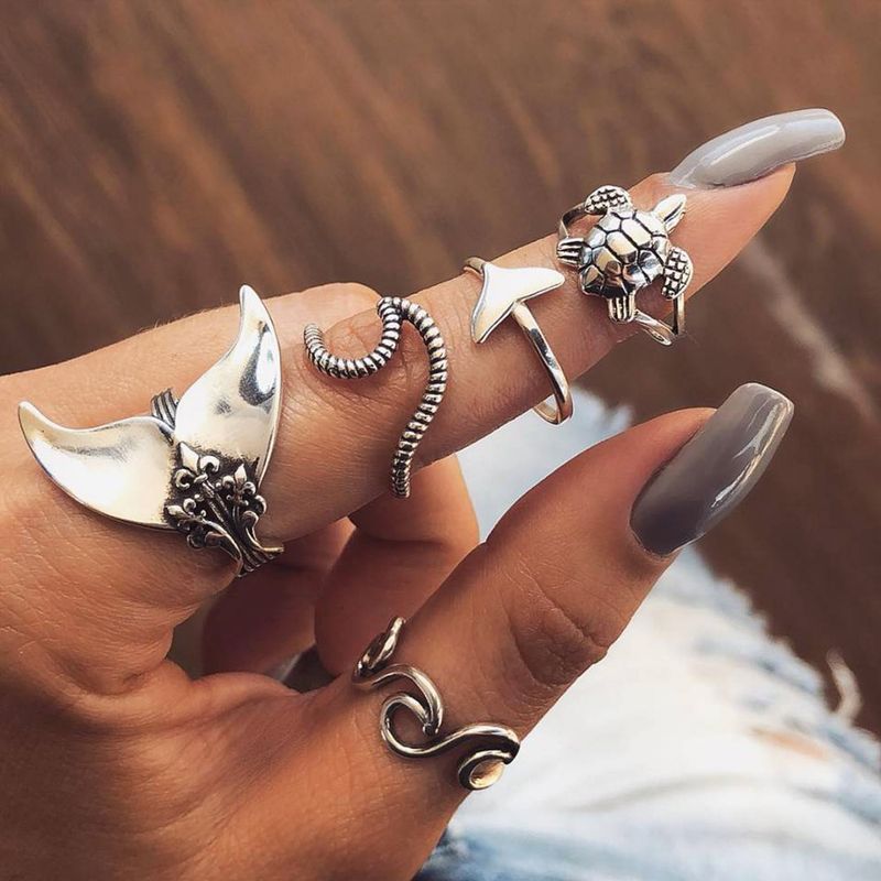5-teiliges Ringset im geometrischen Schildkröten-Fischschwanz-Stil im Bohème-Stil_voghion.com
