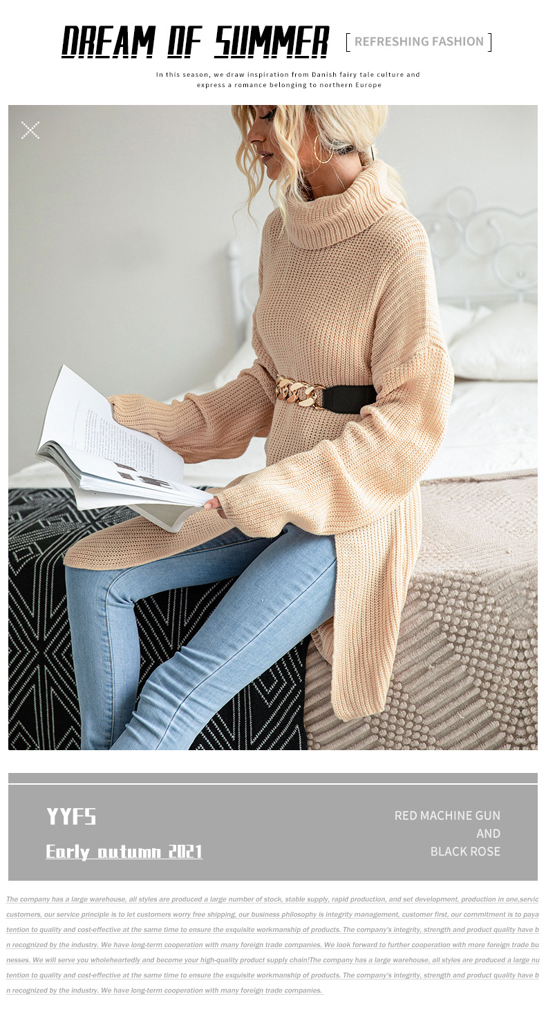 Falda suéter de cuello alto de manga larga con abertura de color sólido para mujer a la moda_voghion.com