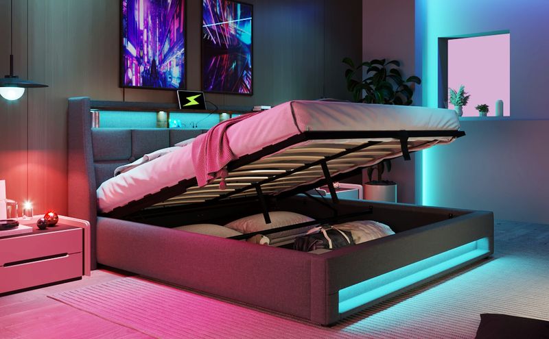 Lit double 160 x 200 cm avec sommier à lattes métalliques et éclairage LED, revêtement en lin pour enfants ou adolescents (matelas non inclus)._voghion.com