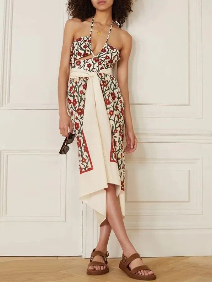 Maillot de bain une pièce rétro à bretelles florales, col licou, costume en mousseline de soie pour femmes_voghion.com