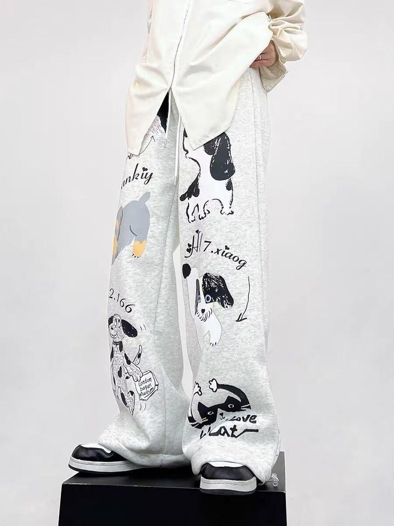 Herrkläder Retro Trendiga Valp Graffiti Casual Byxor Moderiktiga Och Mångsidiga Trendiga Nischade Par Casual Sportbyxor_voghion.com