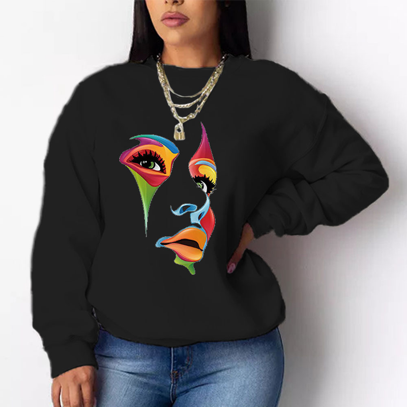 Felpa con cappuccio a maniche lunghe ampia casual stampata senza testa da donna_voghion.com