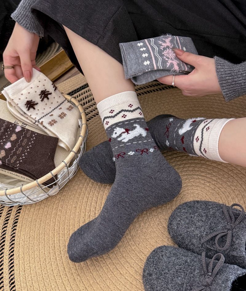 Lillian Herbst Winter New Fair Ile Dreidimensionaler Jacquard Koreanischer Stil Warm Mid-Calf Damen Retro Verdickt Weihnachten_voghion.com