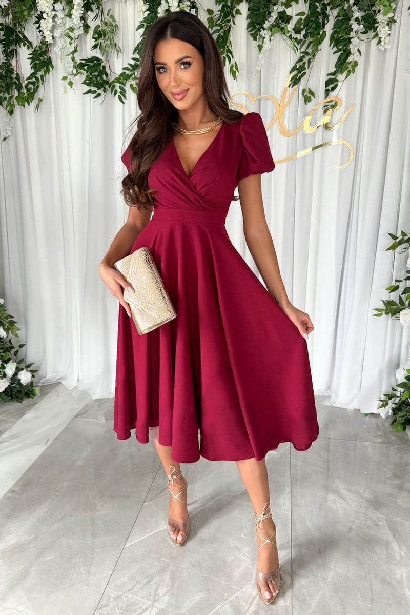 Rochie de damă nouă pentru navetiști, culoare solidă, cu decolteu în V, talie înaltă, mâneci bufante, lungă și scurtă, model leagăn_voghion.com