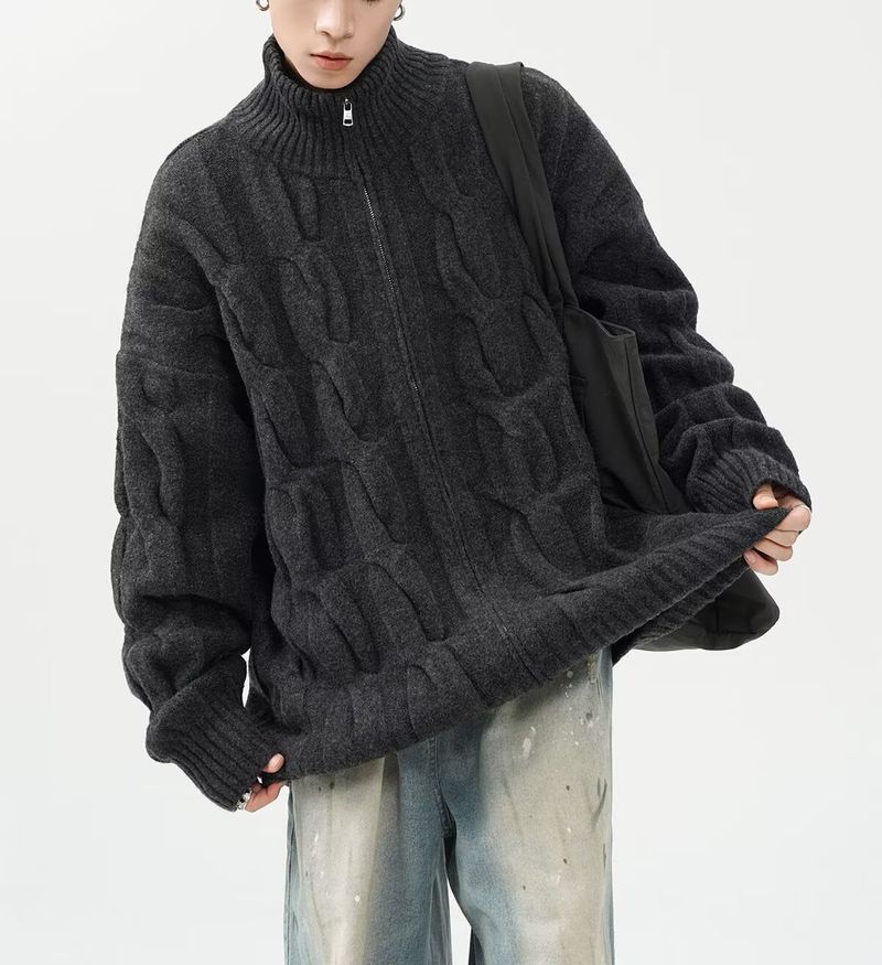 Maglione semi-dolcevita da uomo - Cardigan oversize in maglia a trecce con tessuto elasticizzato traspirante, abbigliamento unisex per l'autunno (nero/kaki/blu)_voghion.com