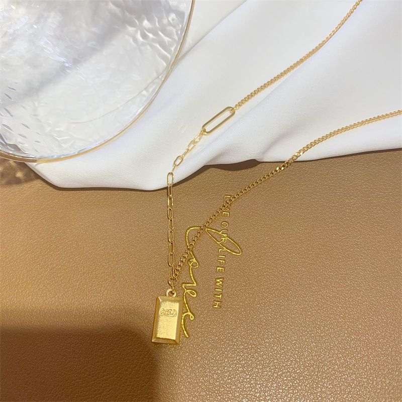 Gold Shop Same Letter Gold Block Shaped Collar Chain Sand GoldSmall Gold Bar Necklace, Women Will Not Fade Color_voghion.com