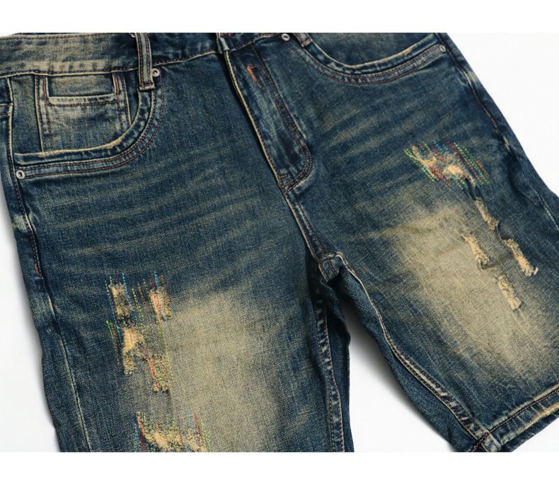Ropa para hombre, pantalones vaqueros desgastados retro de verano, pantalones cortos de mezclilla de estilo urbano que combinan con todo y ligeros agujeros elásticos._voghion.com