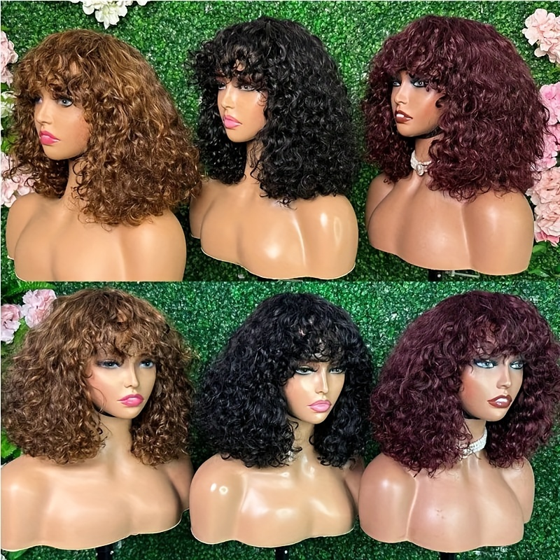 Perruque de cheveux humains ondulés de 14 pouces, fabriquée à la machine, avec frange, densité 180%, dentelle sans colle, maille rose, cheveux humains bouclés, couvre-tête pour femmes_voghion.com