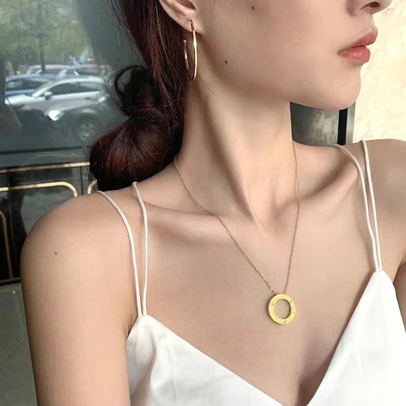 Stainless Steel Six Zircon Hollow Circle Fashion Style Men Chain Necklace For Women Jewelry Collar Pendant Friends Gifts_voghion.com