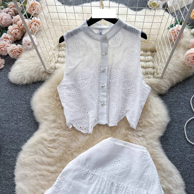 Camisa bordada sin mangas con cortes a la moda para mujer, falda peplum adelgazante de cintura alta_voghion.com