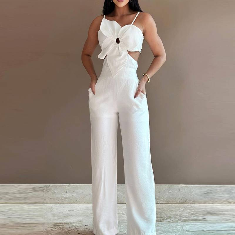 Mono de tirantes con diseño floral tridimensional blanco para mujer, de algodón y lino._voghion.com