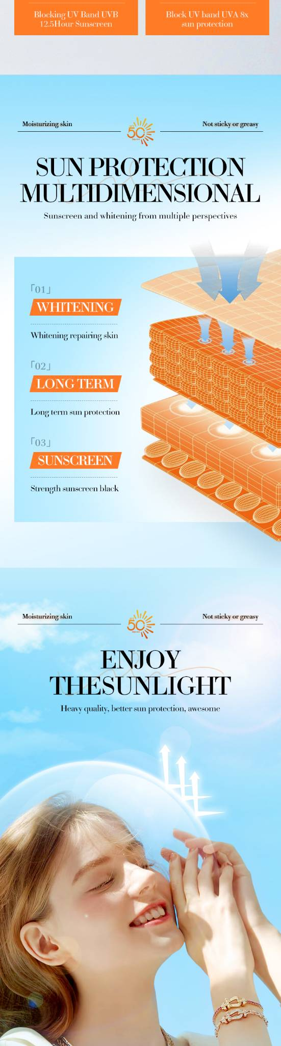 SPF50-aurinkovoide, valkaiseva voide, korkea aurinkosuoja, vedenpitävä, hikeä kestävä, UVA/UVB-suoja_voghion.com