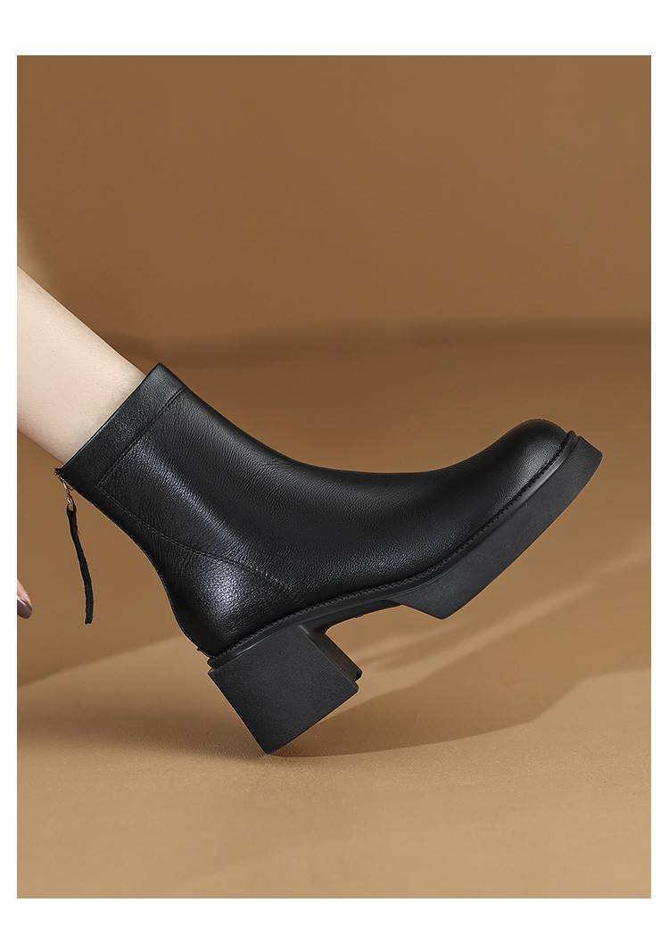cameido Simple thick-soled ankle boots for petite women, with chunky heels and a rear zipper, fashion boots_voghion.com