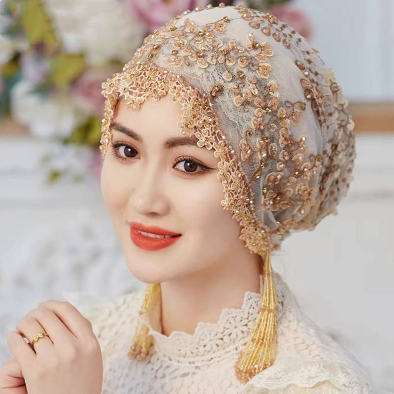 Ethnic Style Hat Saree Cover Head Silk Embroidery Heavy Handmade Sleeve Tassel Headband Hair Covering Hat_voghion.com