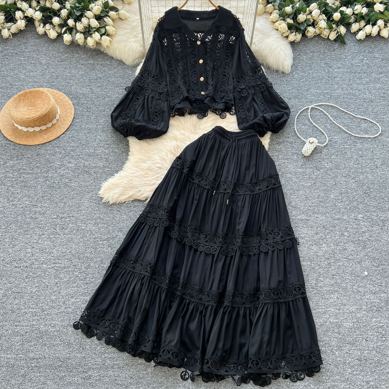 Women's Clothing Palace Style Two Piece Suit For Women Temperament Short Lapel Lantern Sleeve Top + High Waist Lace Patchwork Skirt_voghion.com