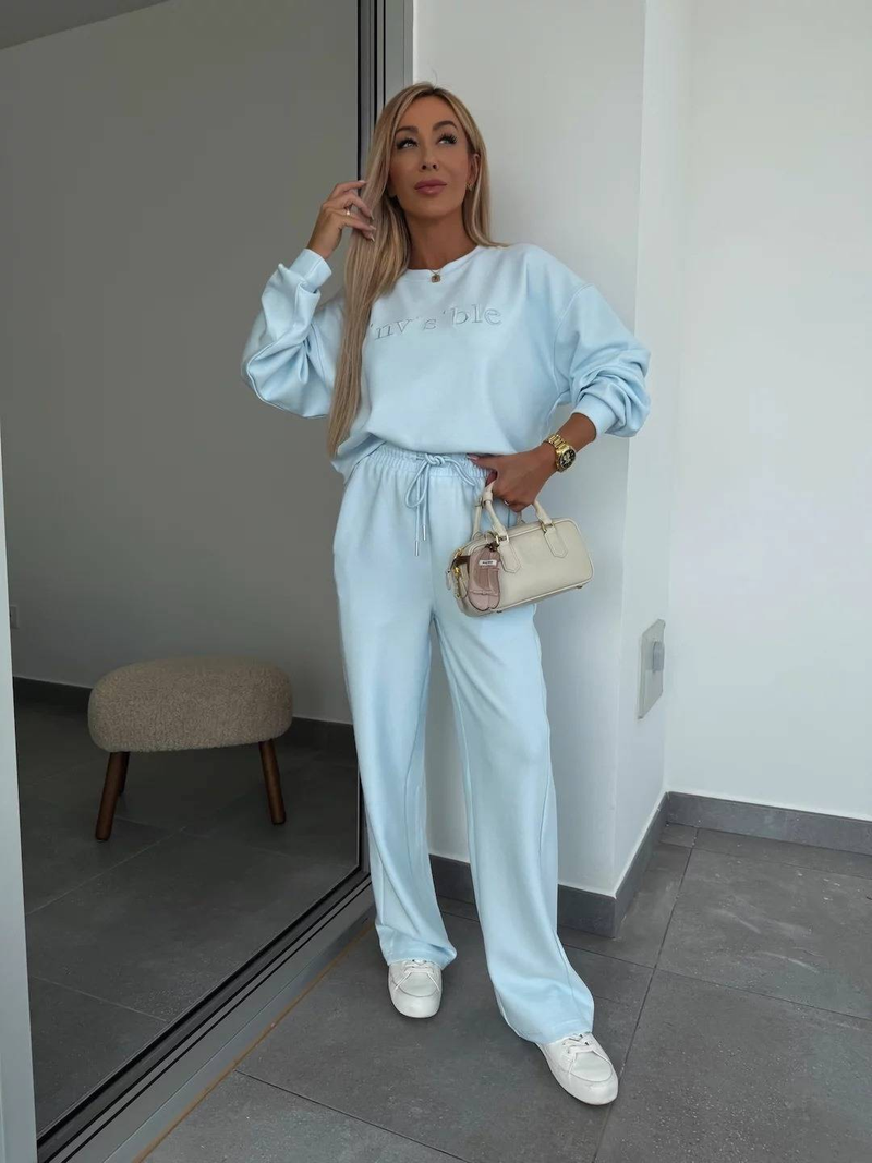 Abbigliamento da donna, completo primaverile, tinta unita, scollo tondo, manica lunga, maglione con ricamo a lettere, pantaloni con lacci, set da due pezzi_voghion.com