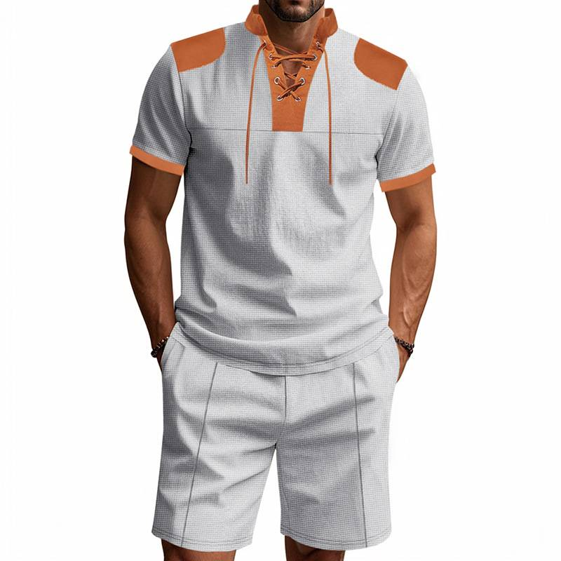 Waffle Herren Sommer Casual Tethered Henry Kurzarm Shorts Anzug_voghion.com