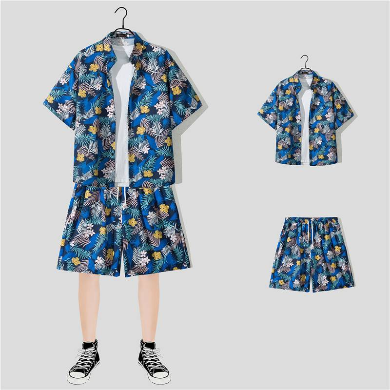 Ensemble de plage décontracté pour homme en été, tenue de plage fine, ample et tendance, short hawaïen et chemise fleurie, deux pièces_voghion.com