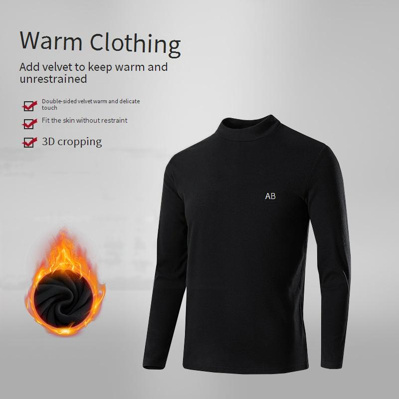 Men's Thermal Fleece Long Sleeve T-Shirt, Semi-Turtle Neck Base Layer For Winter, Warm Black Undershirt For Cold Weather_voghion.com