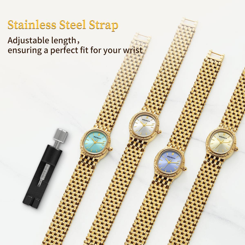 BERNY Small Gold Watches For Women Dainty Luxury Oval Dial Ladies Analog Quartz Bracelet Watch Stainless Steel Waterproof Minimalist Wristwatch_voghion.com