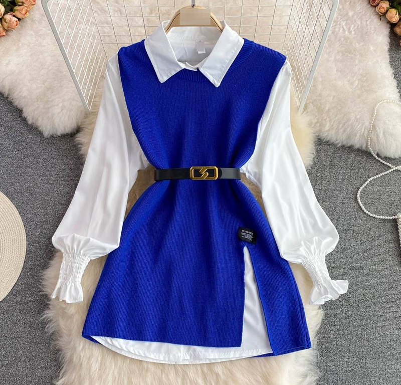 K Long-sleeved Suit With White Shirt, Sweater, Waistcoat, Age-reducing Loose Knitted Vest, Two-piece Set For Women_voghion.com