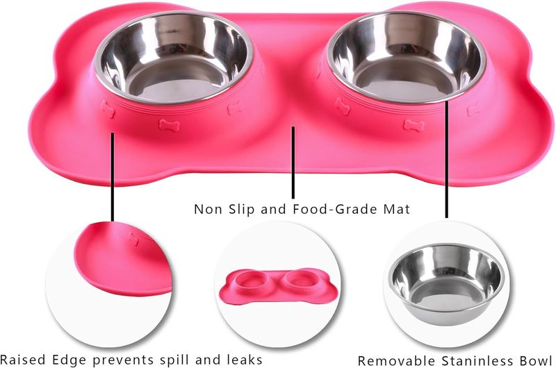 2-in-1-Futter- und Wasserstation für Hunde, Futternapfmatte aus thermoplastischem Gummi mit Doppelnäpfen aus Edelstahl, auslaufsicherer Futterspender für Haustiere, inklusive Napfhalter_voghion.com