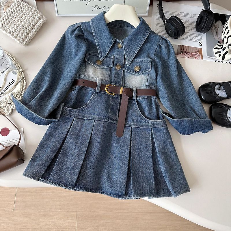 Kid's Clothing New Style Little Girl Fashion Denim Dress Long Sleeve Spring And Autumn Lapel Waist Denim Skirt Trend_voghion.com