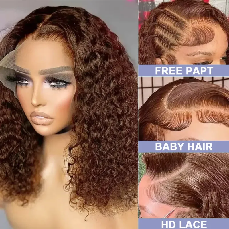 Peluca corta Bob color marrón chocolate con ondas profundas y encaje frontal para mujer, pelucas frontales de encaje transparente HD de 16 pulgadas_voghion.com