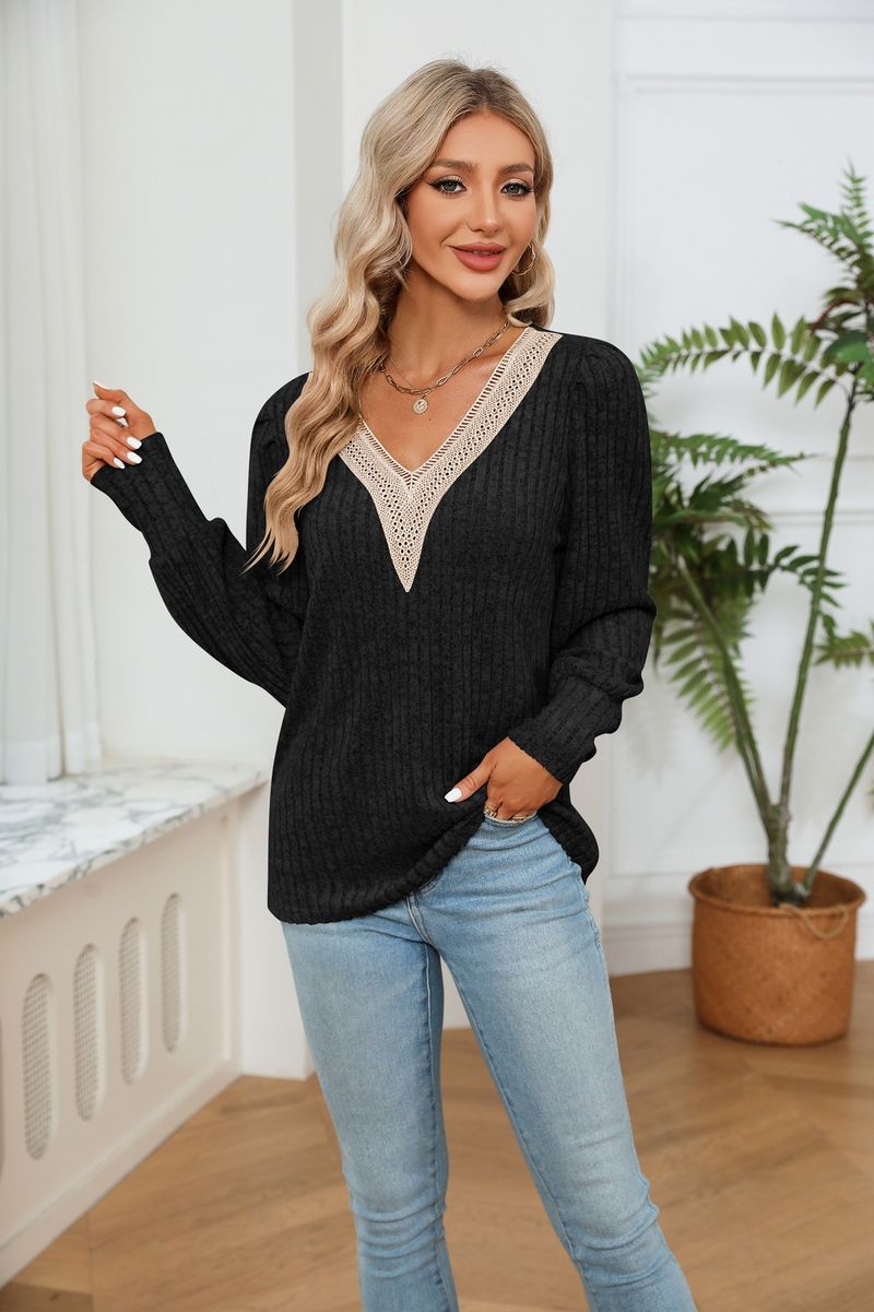 Damenbekleidung, Damen-T-Shirt mit V-Ausschnitt, Spitze, lockerer Grubenstreifen, gebürstet, lockeres Langarm-T-Shirt_voghion.com