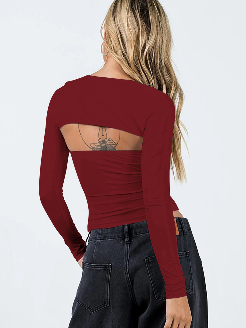 Sexy T-skjorte med tubetopp og langermet tettsittende bluse til dame, todelt sett med topper_voghion.com