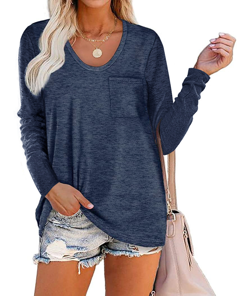 Women's T-shirt Round Neck Stripe Pocket Long Sleeve Casual Loose Tops_voghion.com