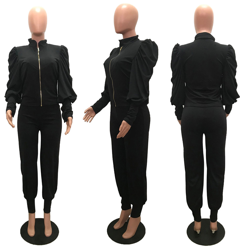 Damenbekleidung Mode Persönlichkeit Design Sinn für einfarbige Blase Ärmel Reißverschluss hoch taillierte Hose zweiteiliger Anzug_voghion.com