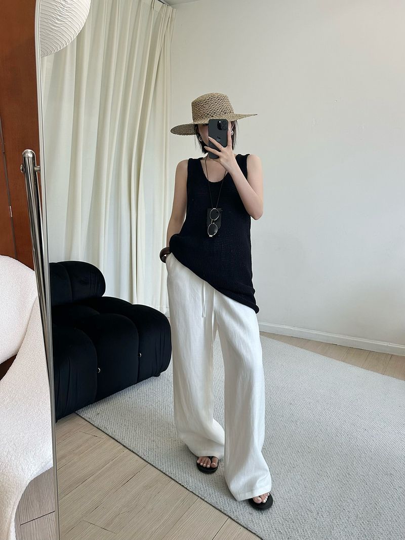 Atmungsaktive Hose aus Leinen-Baumwolle mit weitem Bein für Damen – Relaxed Fit Hose mit hoher Taille und geradem Bein und Kordelzug, lässige Loungewear für den Sommer in Weiß_voghion.com