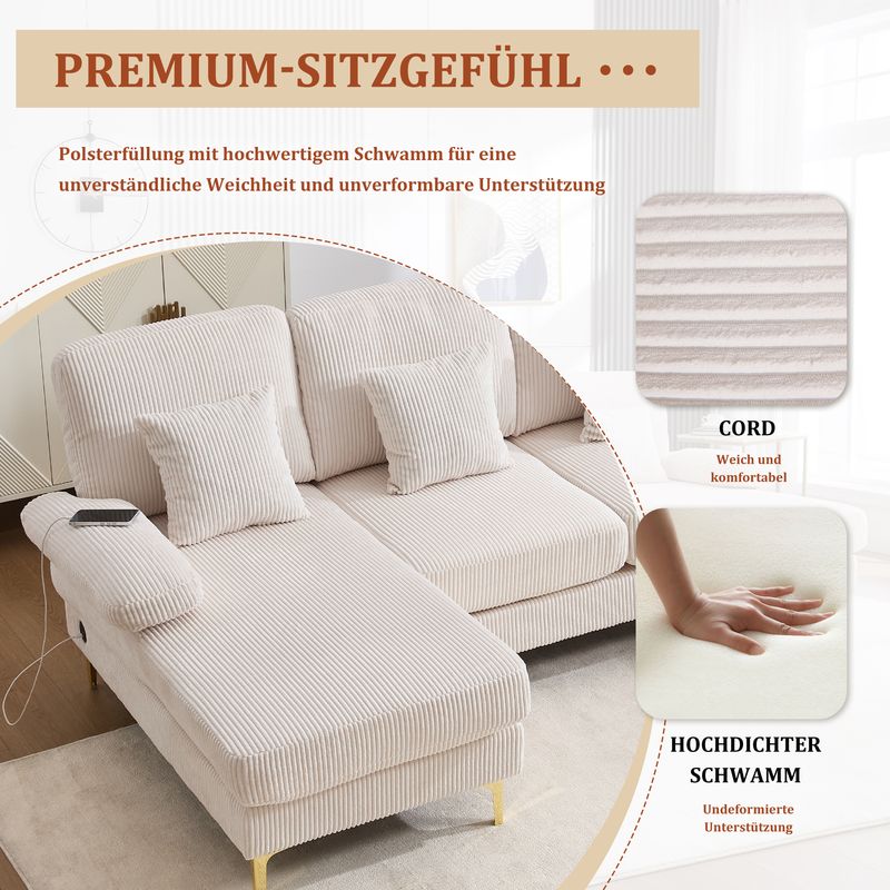 Canapé moderne en U avec éclairage d'ambiance LED, port USB-C, structure en bois massif, 4 coussins luxueux, dossier ergonomique haut de gamme, beige pour un confort optimal._voghion.com