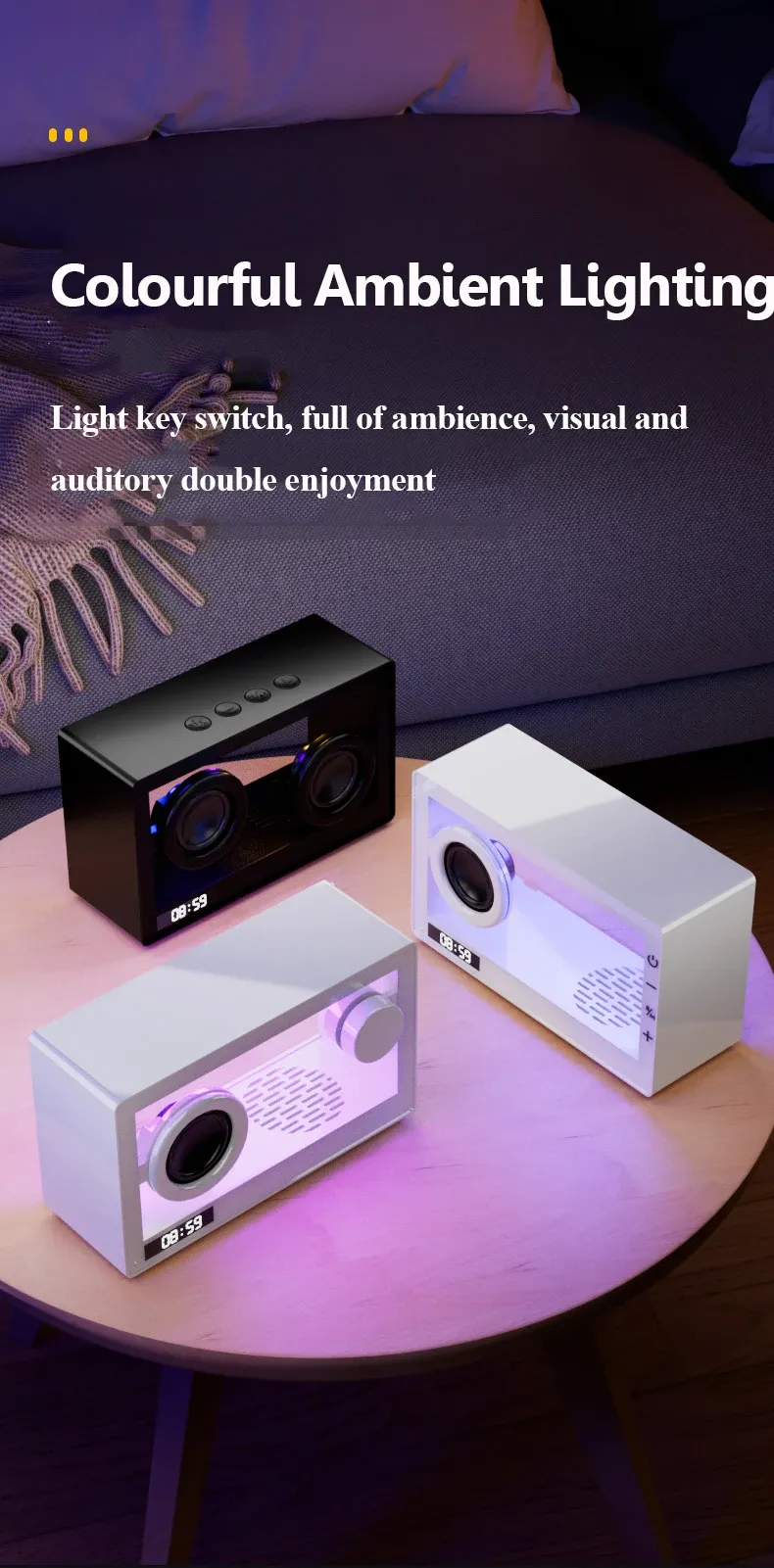 Mini gennemsigtig synlig Bluetooth-højttaler med ur Bærbart kort Trådløs musikafspiller Desktop LED-atmosfærelampe_voghion.com