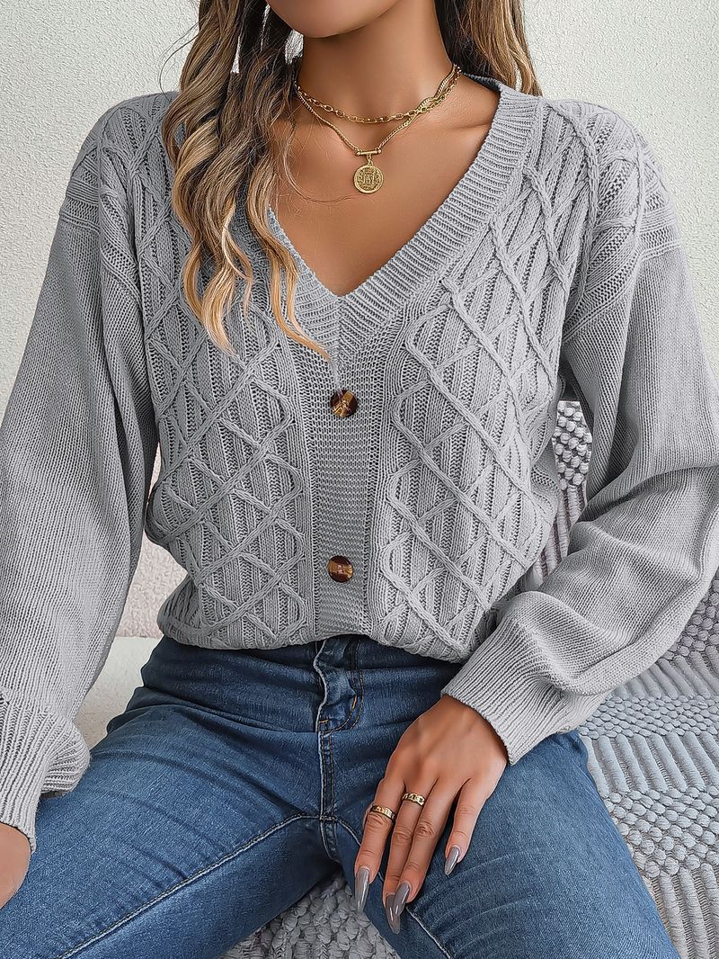 Maglione pullover con maniche a lanterna intrecciate e bottoni casual stile autunno inverno per donna_voghion.com