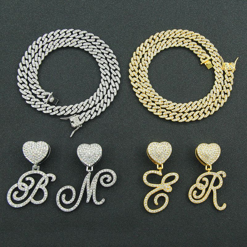 Hip Hop Flower Grass Body 26 English Letter Pendant Necklace Heart Button Full Diamond Cuban Chain Accessories_voghion.com