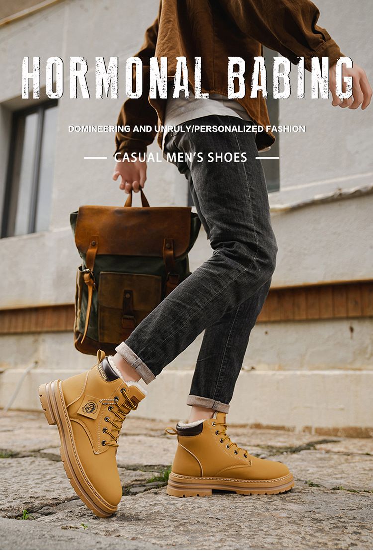 Men's Classic British Style Fleece-Lined Martin Boots - Comfortable Round Toe Casual Shoes For Winter (Khaki, Black, Gray, Green)_voghion.com