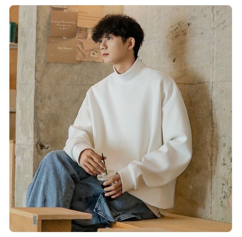 Moletom com capuz masculino, gola alta, solto, casual, outono, cor sólida, quente e versátil, camisa básica, gola alta, moletom com capuz_voghion.com