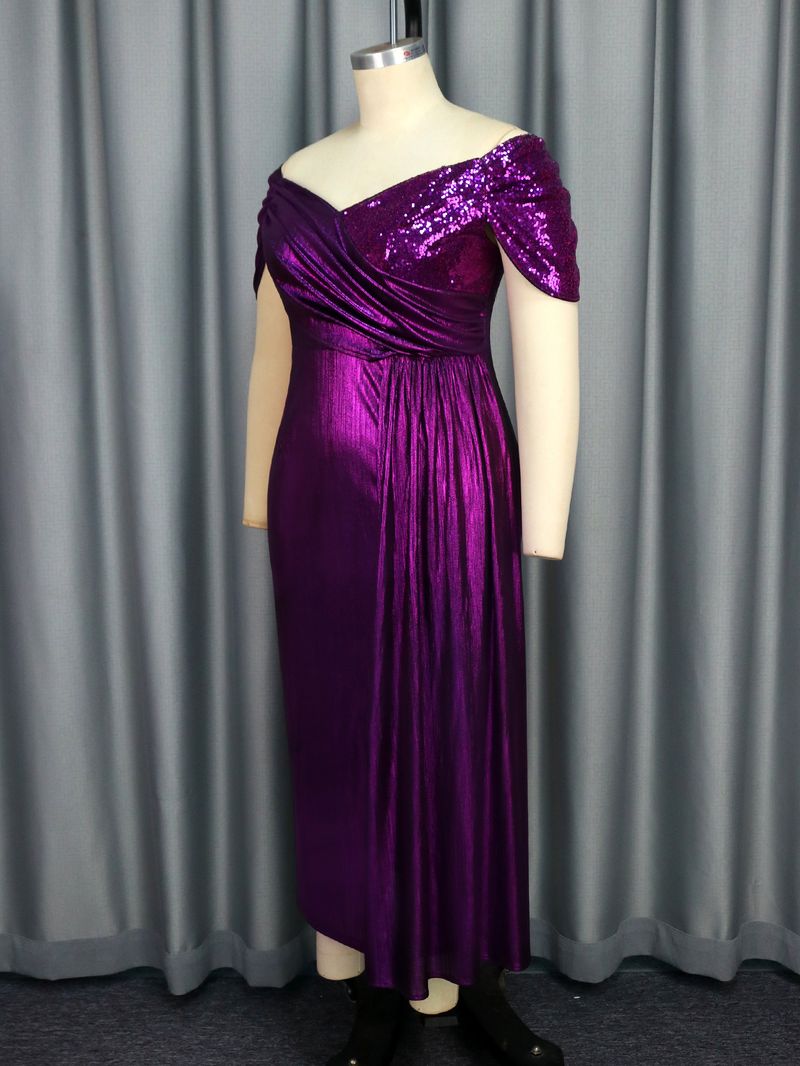 Women's Clothing New Off Shoulder V Neck Banquet Evening Dress Evening Party Pleated Small Sleeve Cover Dresses_voghion.com