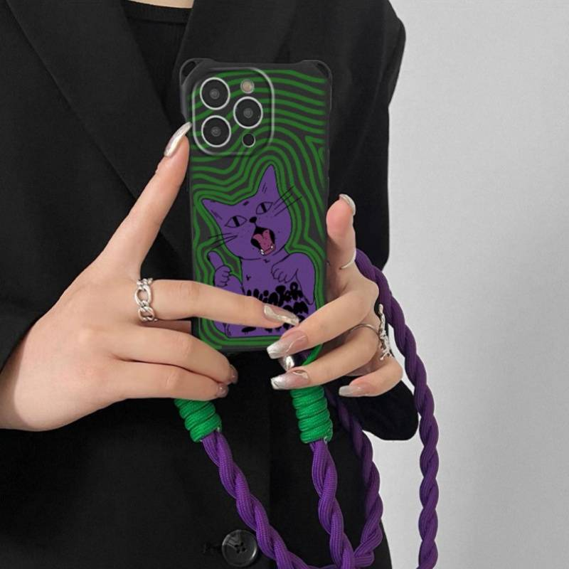 Custodia per telefono iPhone15 14 con tracolla tendenza gatto cartone animato 13 cordino intrecciato 12 11 copertura completa x/xs donna xr_voghion.com